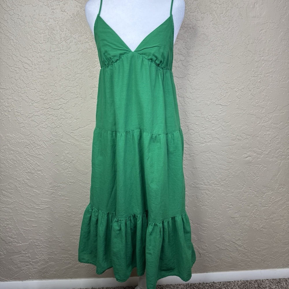 Y2K Babydoll Cotton Green Dress Small Resort Strappy Tiers Boho Fairy Coquette